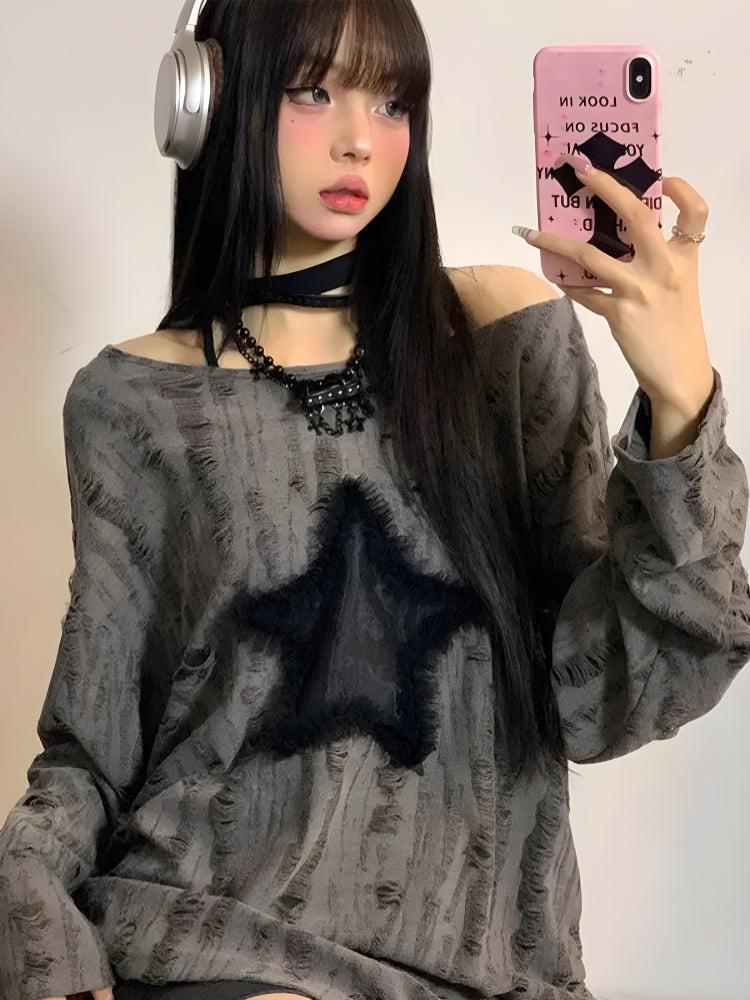 Y2K Grunge Star Distressed Sweater - KAYSMAR