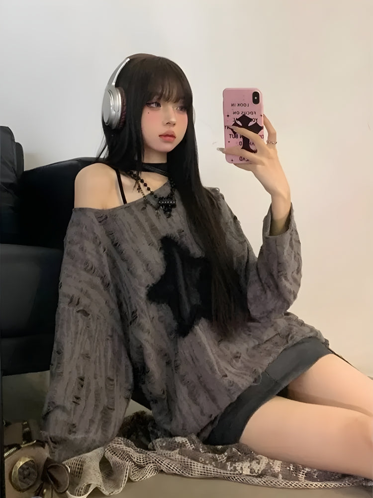 Y2K Grunge Star Distressed Sweater - KAYSMAR