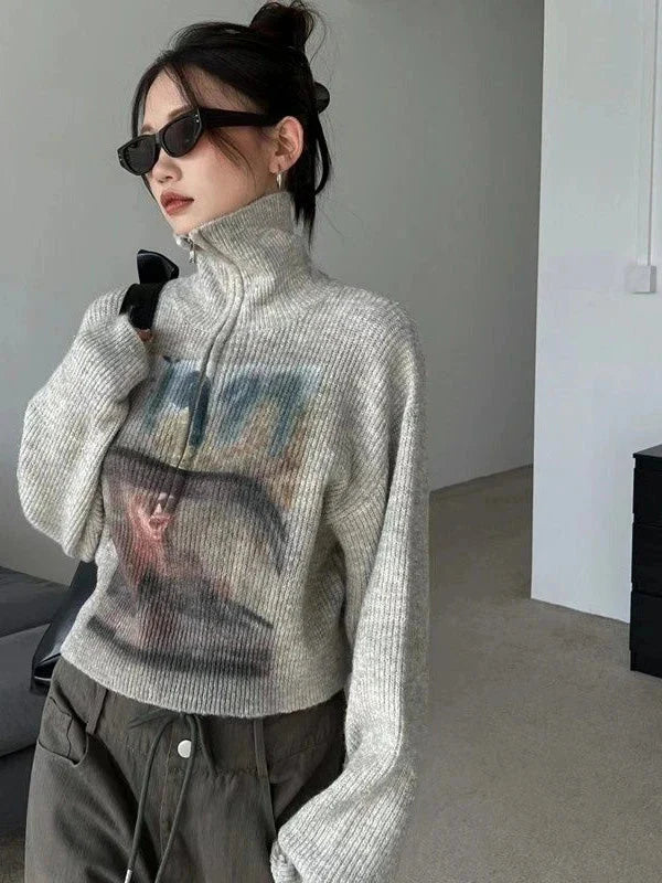 Y2K Half Zip-Up Knitted Sweater - KAYSMAR