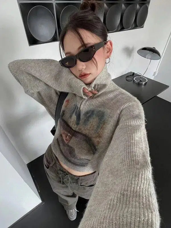 Y2K Half Zip-Up Knitted Sweater - KAYSMAR