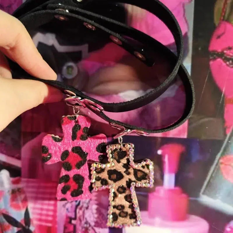 Y2K Leopard Cross Choker Necklace - KAYSMAR