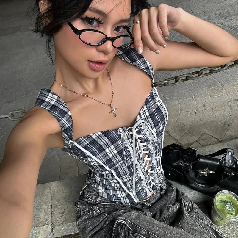 Y2K Plaid Lace Up Top - KAYSMAR