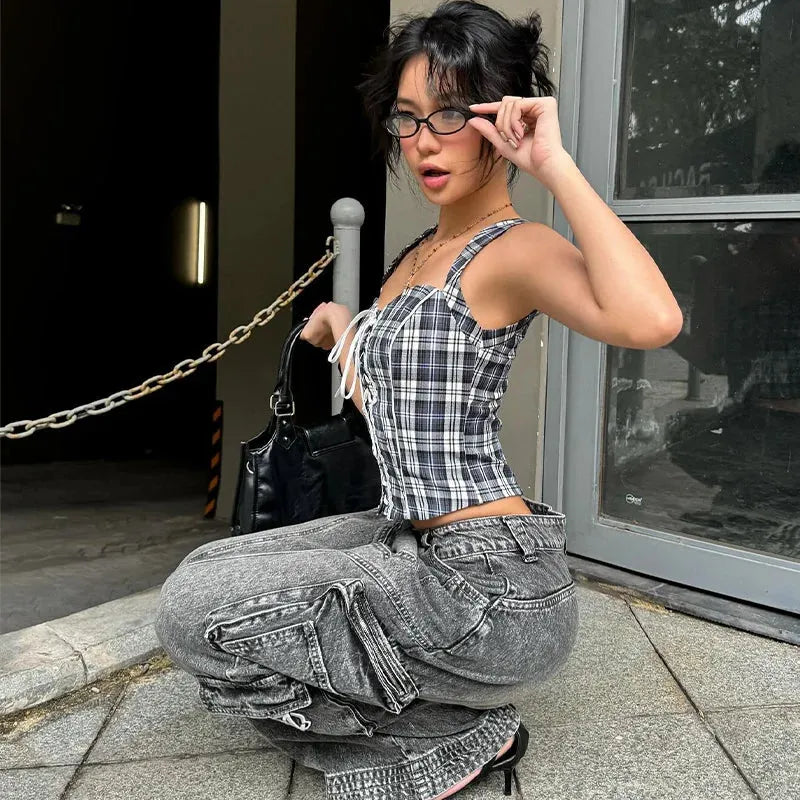 Y2K Plaid Lace Up Top - KAYSMAR