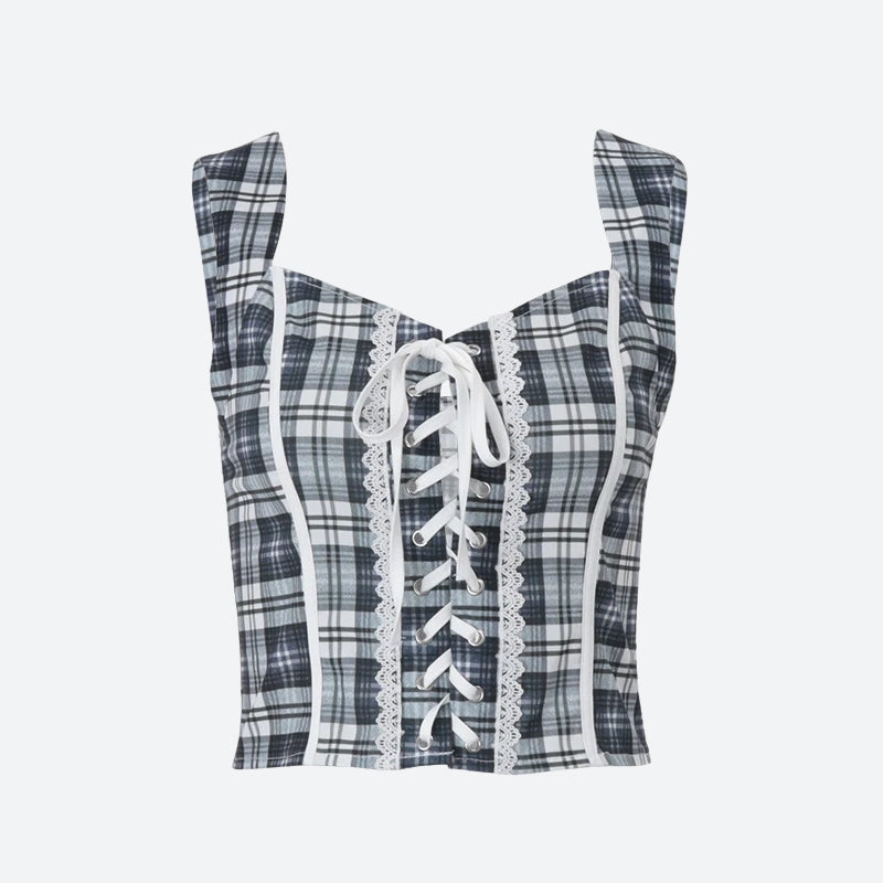 Y2K Plaid Lace Up Top - KAYSMAR