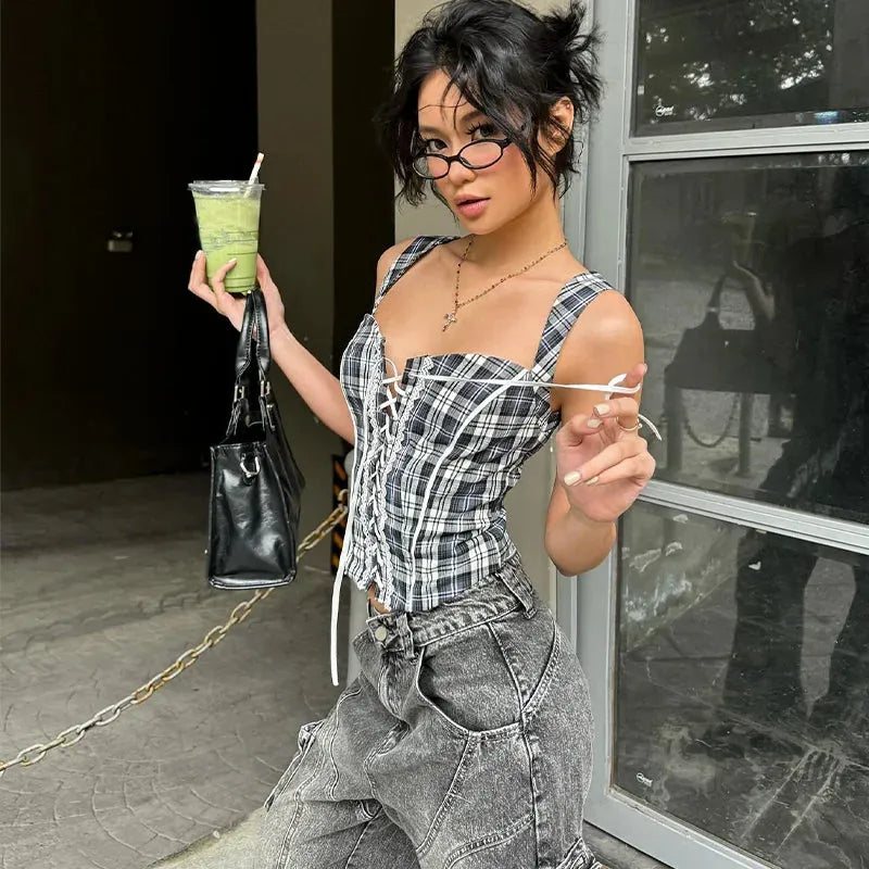 Y2K Plaid Lace Up Top - KAYSMAR