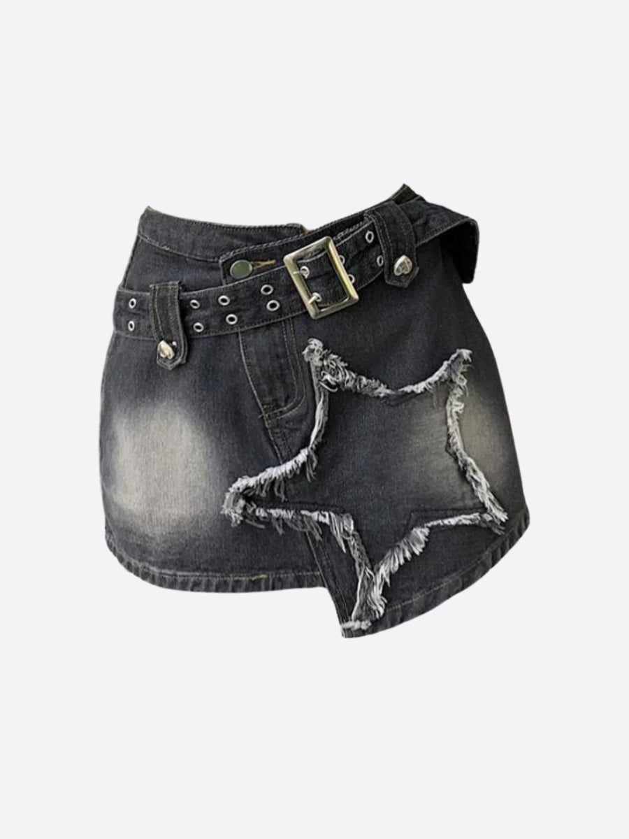 Y2K Star Asymmetric Denim Mini Skirt - KAYSMAR