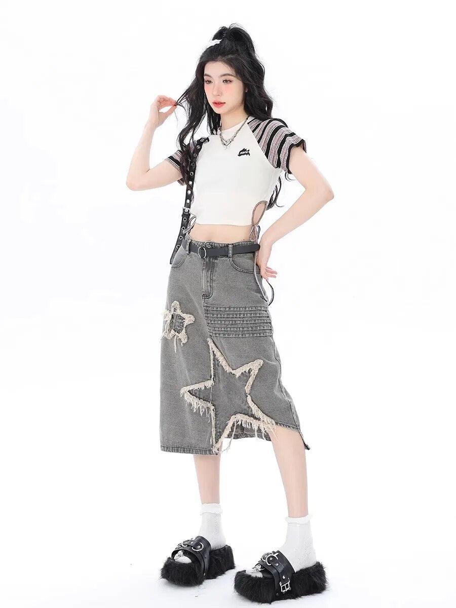 Y2K Star Patchwork Midi Skirt - KAYSMAR