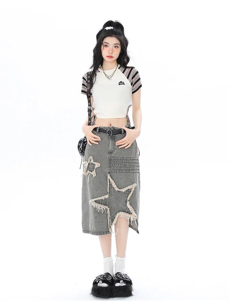 Y2K Star Patchwork Midi Skirt - KAYSMAR
