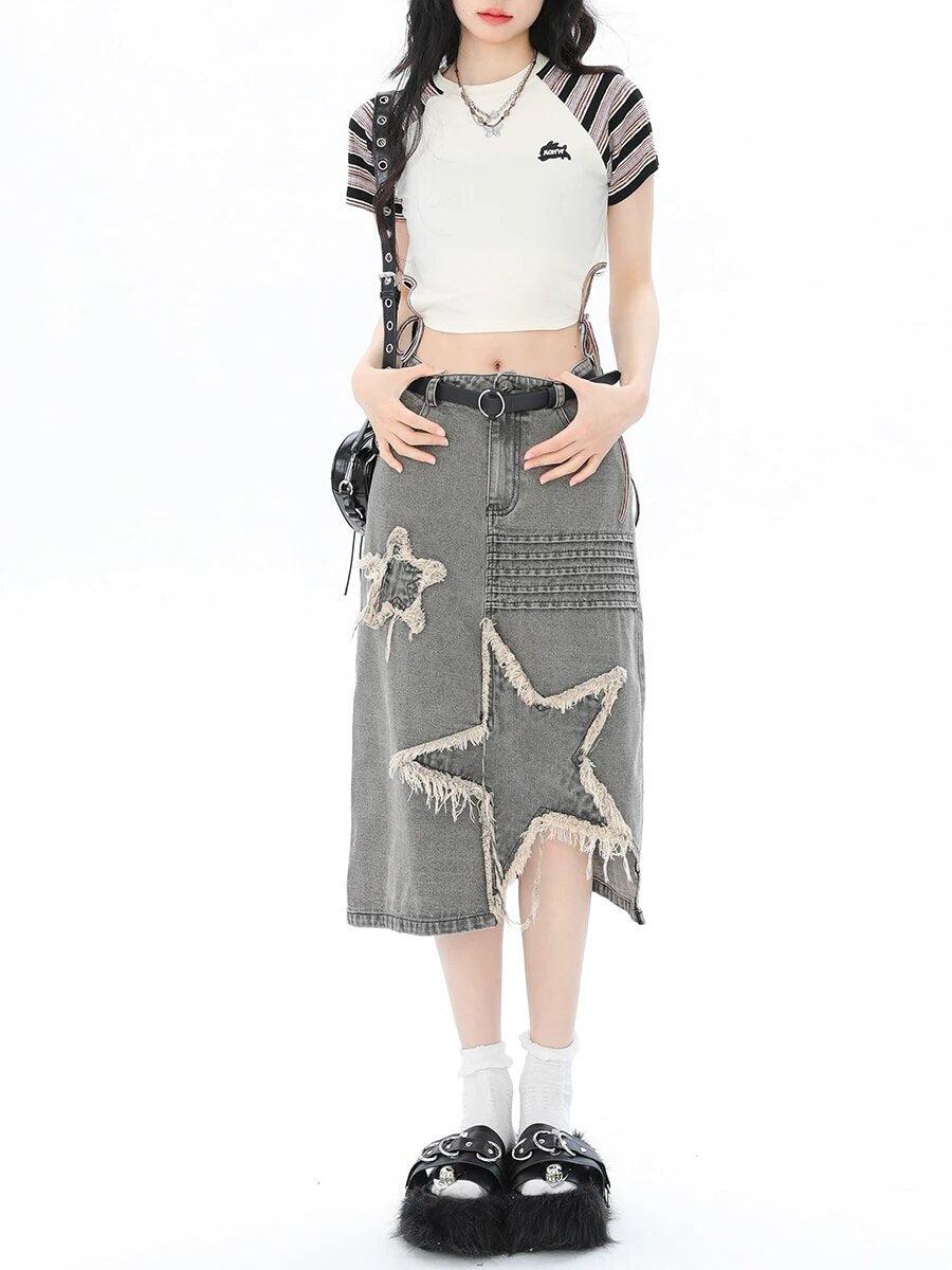 Y2K Star Patchwork Midi Skirt - KAYSMAR