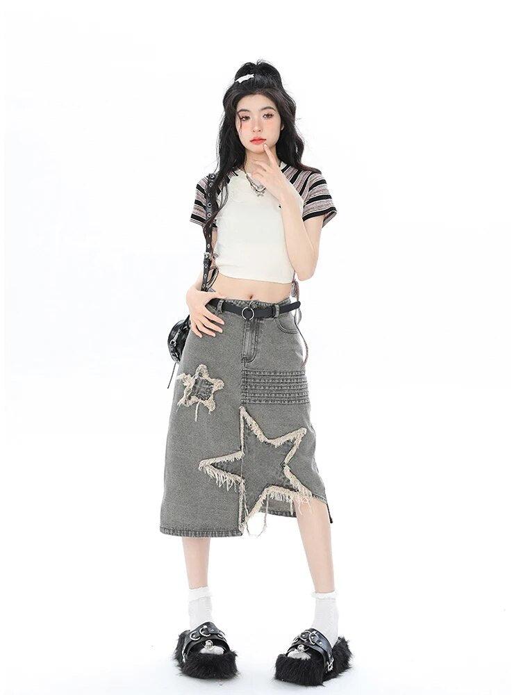 Y2K Star Patchwork Midi Skirt - KAYSMAR