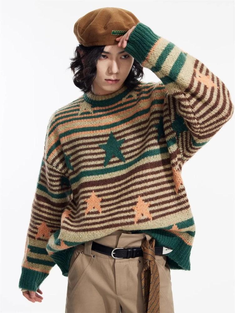 Y2K Vintage Stars Striped Knitted Sweater - KAYSMAR