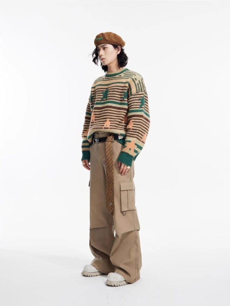 Y2K Vintage Stars Striped Knitted Sweater - KAYSMAR