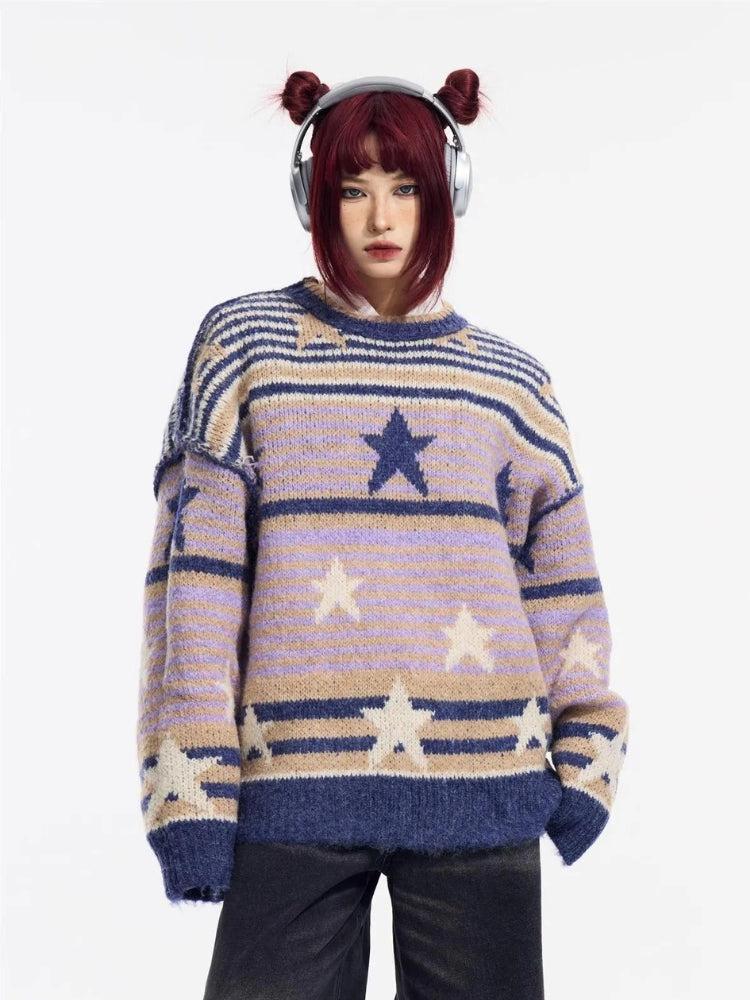Y2K Vintage Stars Striped Knitted Sweater - KAYSMAR