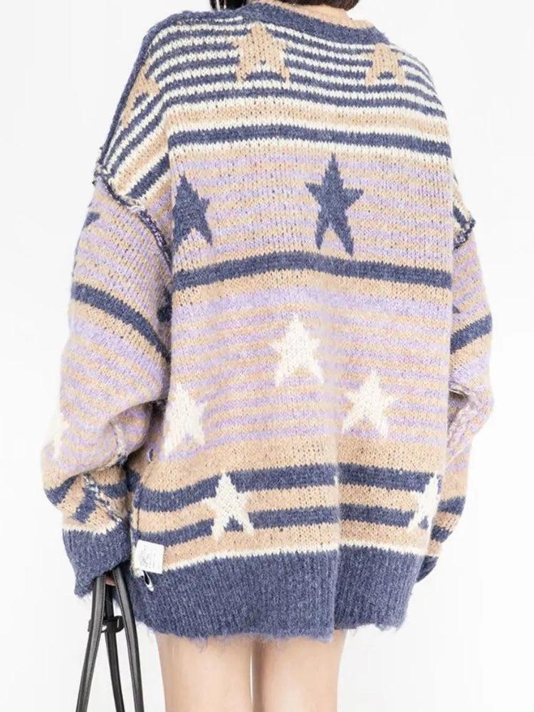 Y2K Vintage Stars Striped Knitted Sweater - KAYSMAR