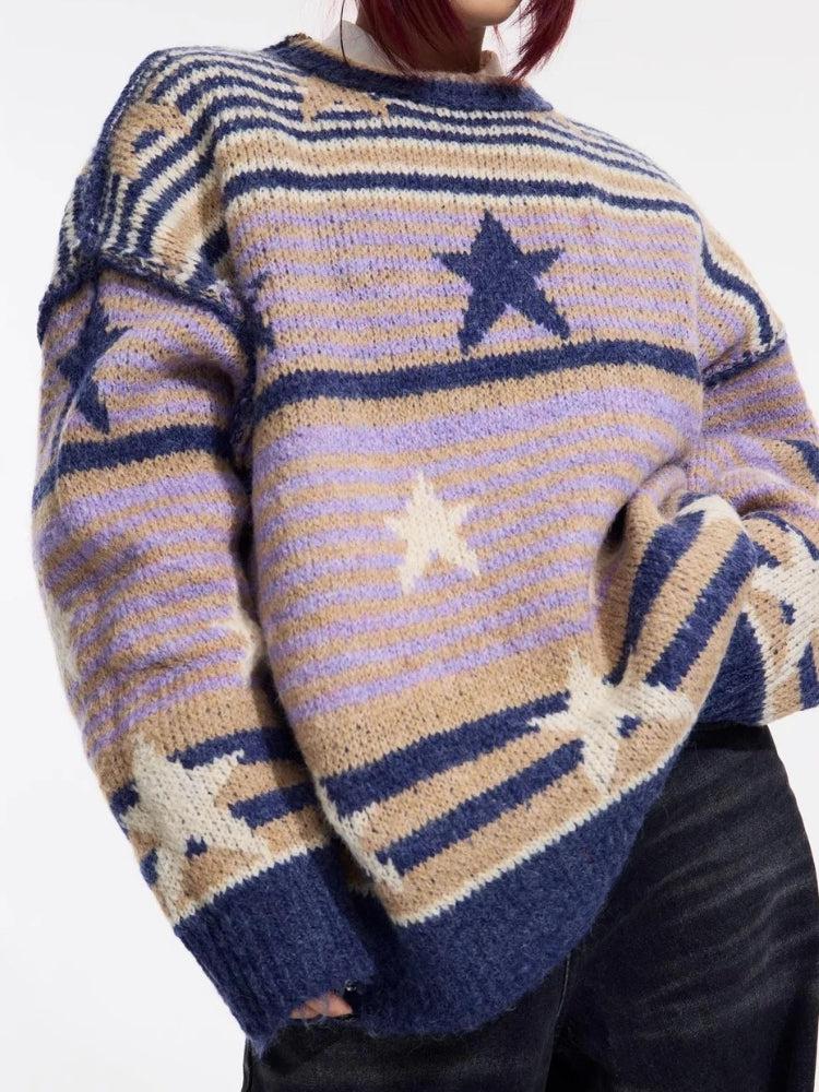 Y2K Vintage Stars Striped Knitted Sweater - KAYSMAR