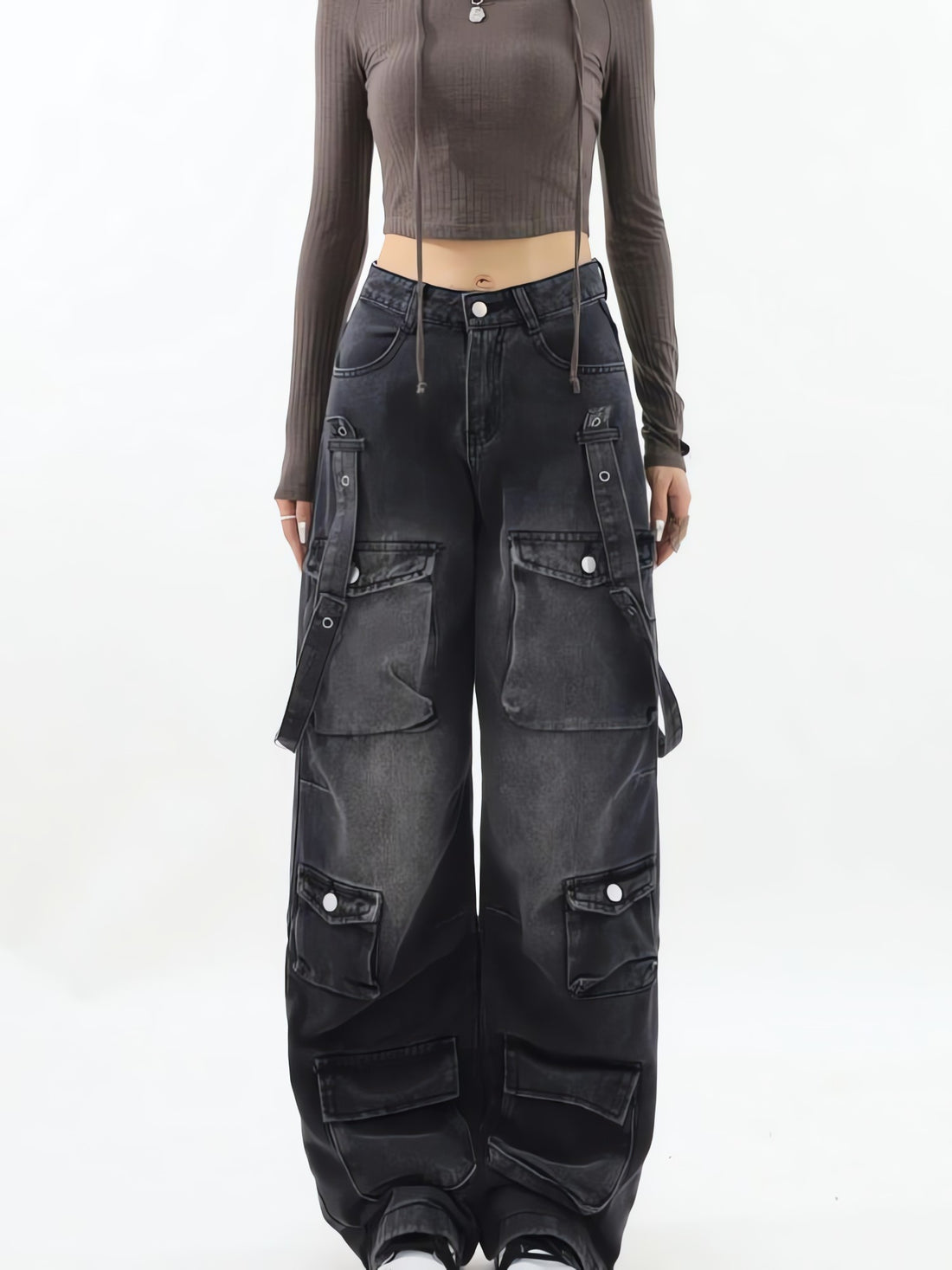 Y2K Belted Dark Wash Cargo Jeans - KAYSMAR