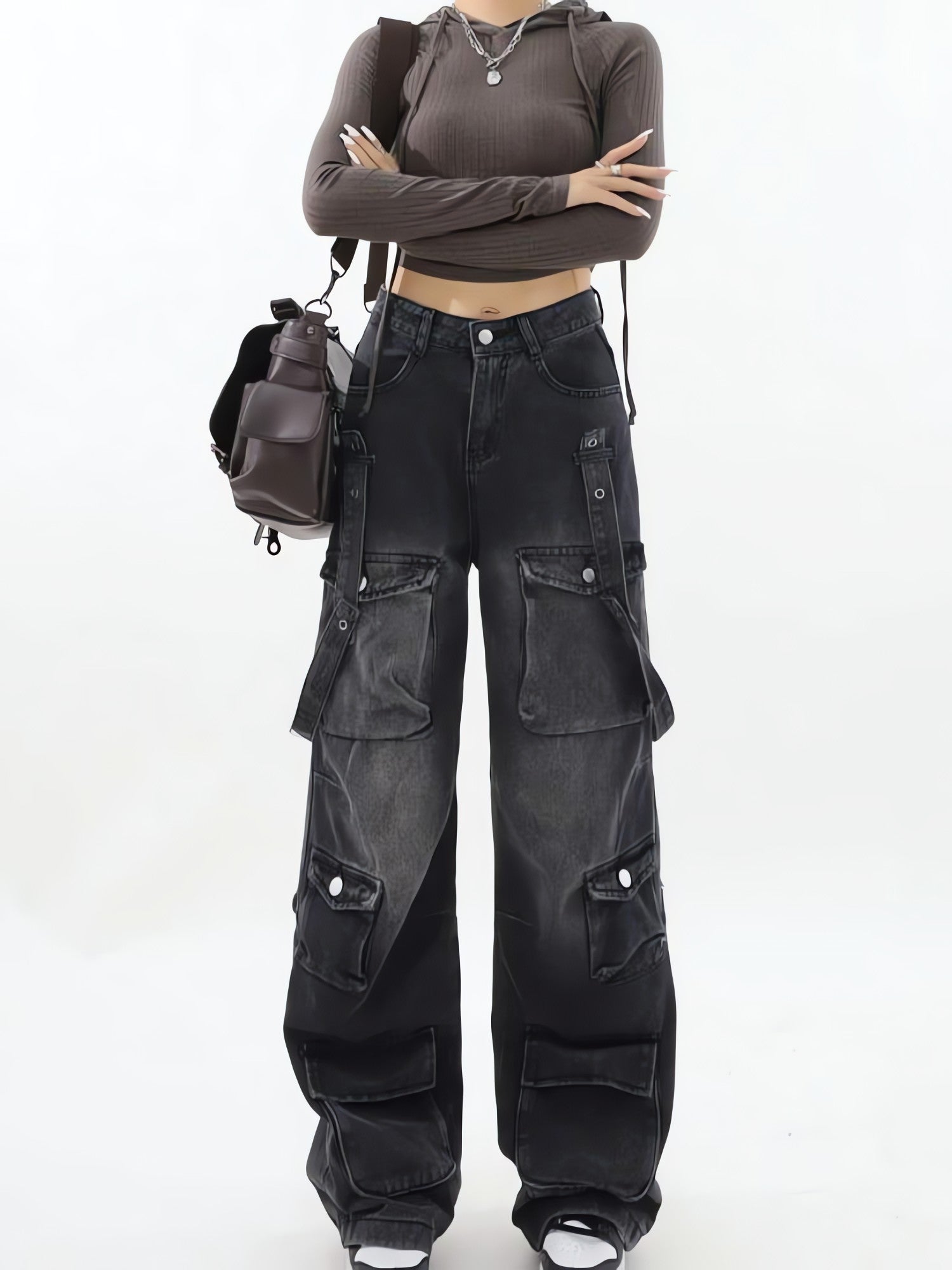 Y2K Belted Dark Wash Cargo Jeans - KAYSMAR