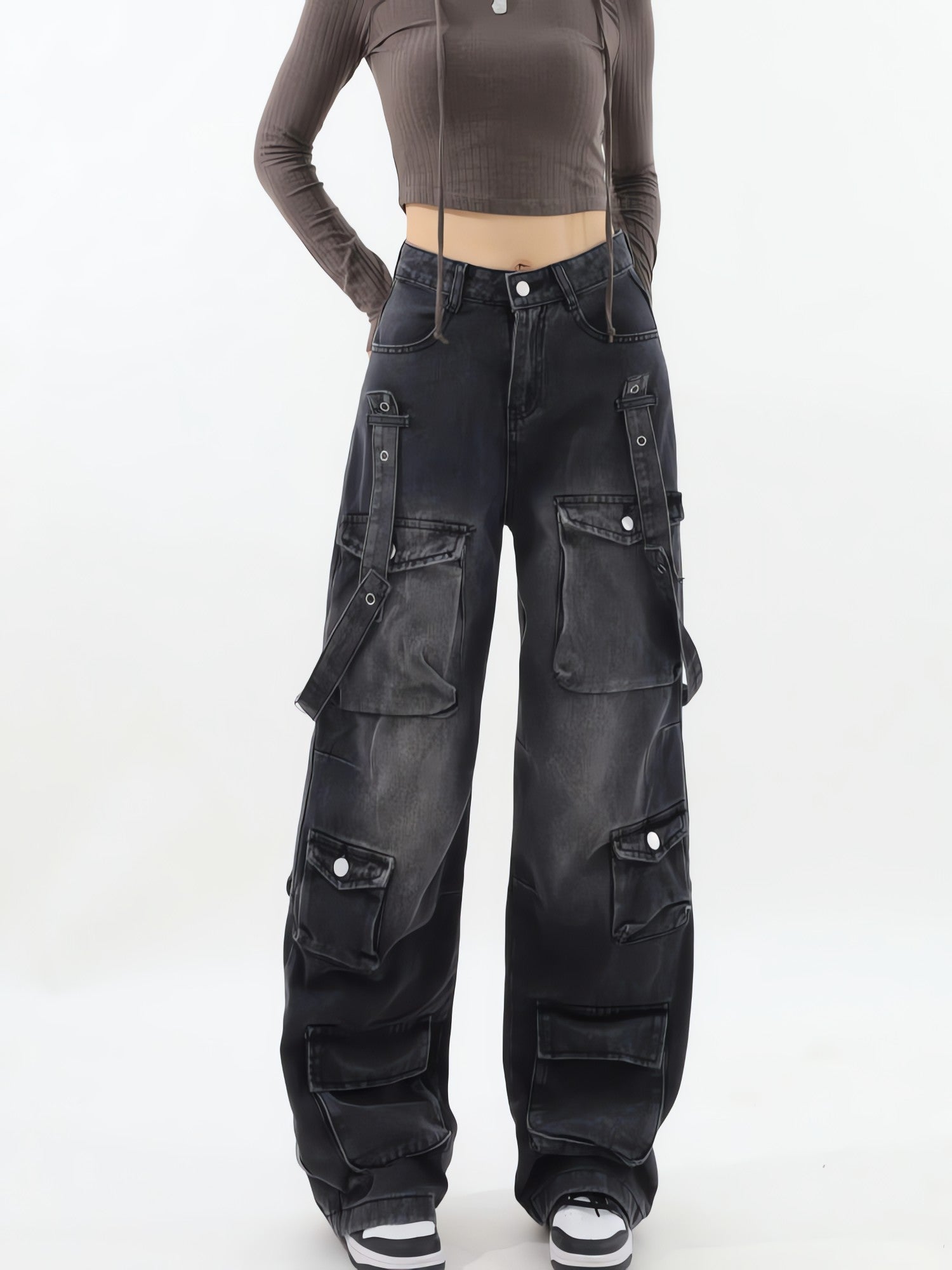 Y2K Belted Dark Wash Cargo Jeans - KAYSMAR