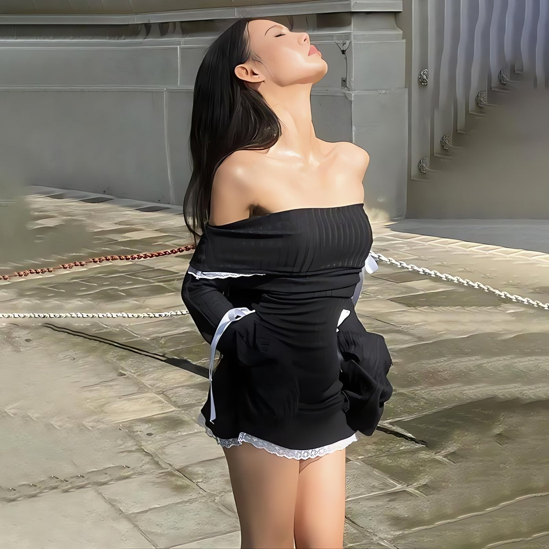 Y2K Corduroy Off Shoulder Bow Mini Dress - KAYSMAR