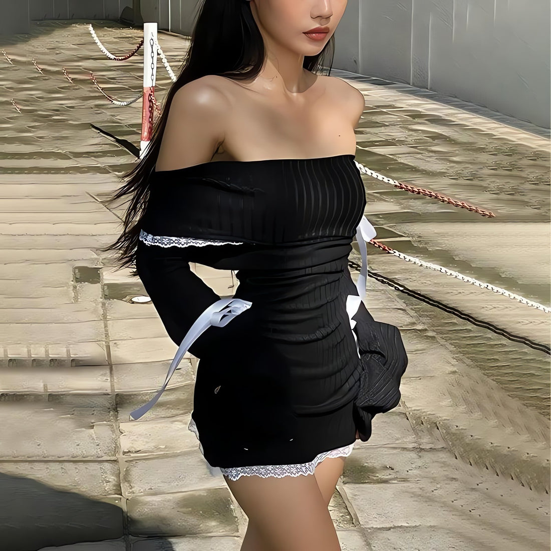Y2K Corduroy Off Shoulder Bow Mini Dress - KAYSMAR