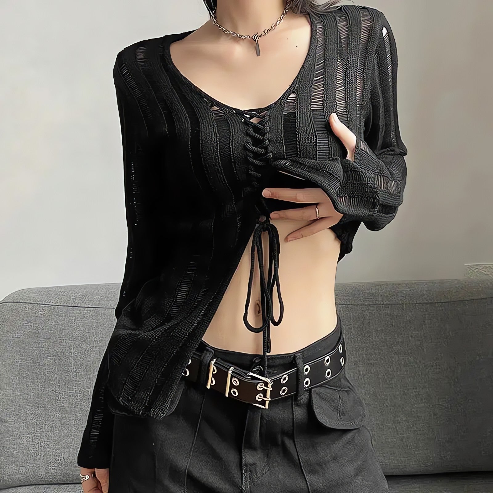Y2K Grunge Sheer Lace Up Knitted Top - KAYSMAR