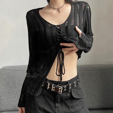 Y2K Grunge Sheer Lace Up Knitted Top - KAYSMAR