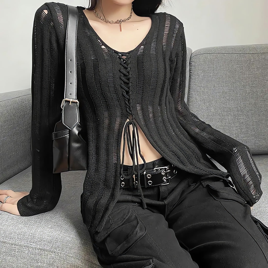 Y2K Grunge Sheer Lace Up Knitted Top - KAYSMAR