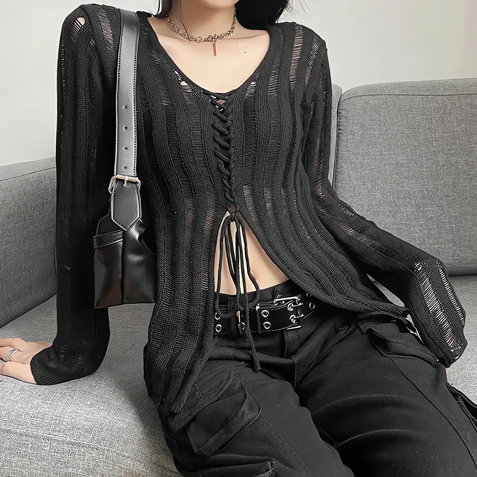 Y2K Grunge Sheer Lace Up Knitted Top - KAYSMAR