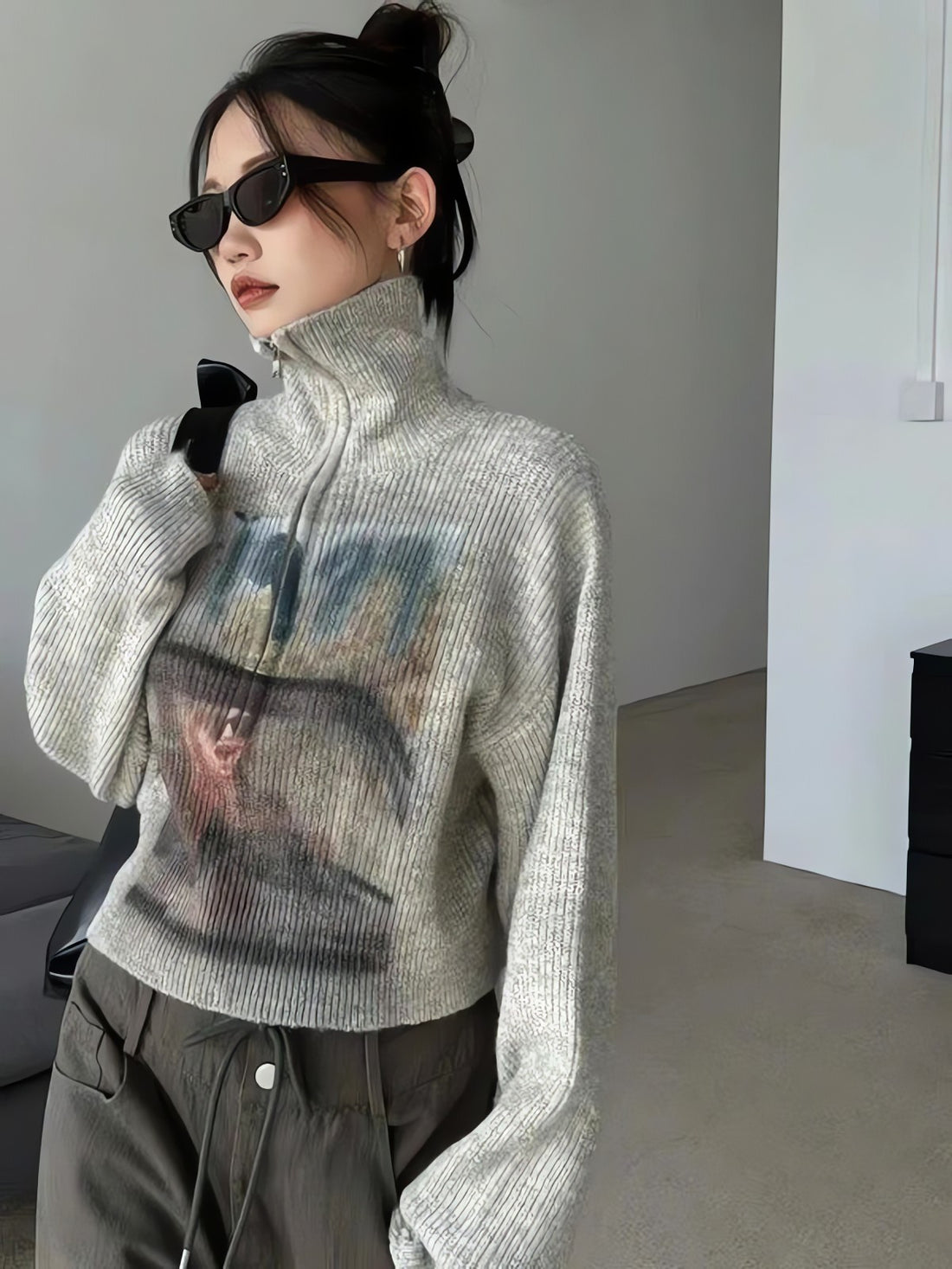Y2K Half Zip-Up Knitted Sweater - KAYSMAR