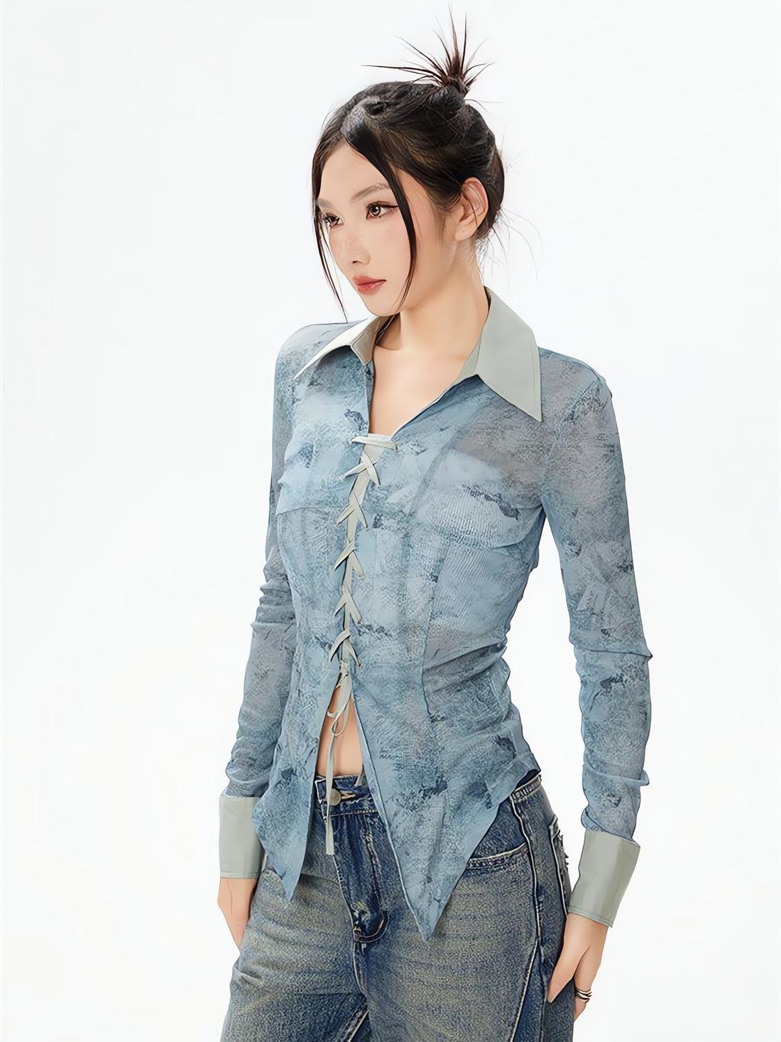 Y2K Lace Up Sheer Shirt - KAYSMAR