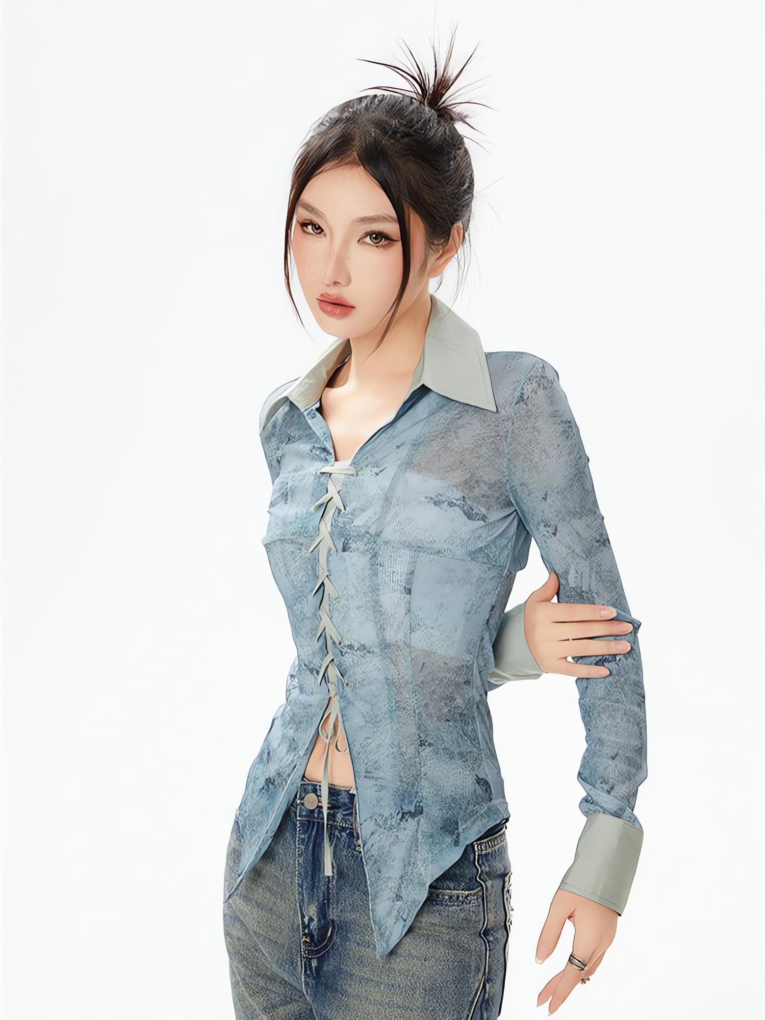 Y2K Lace Up Sheer Shirt - KAYSMAR