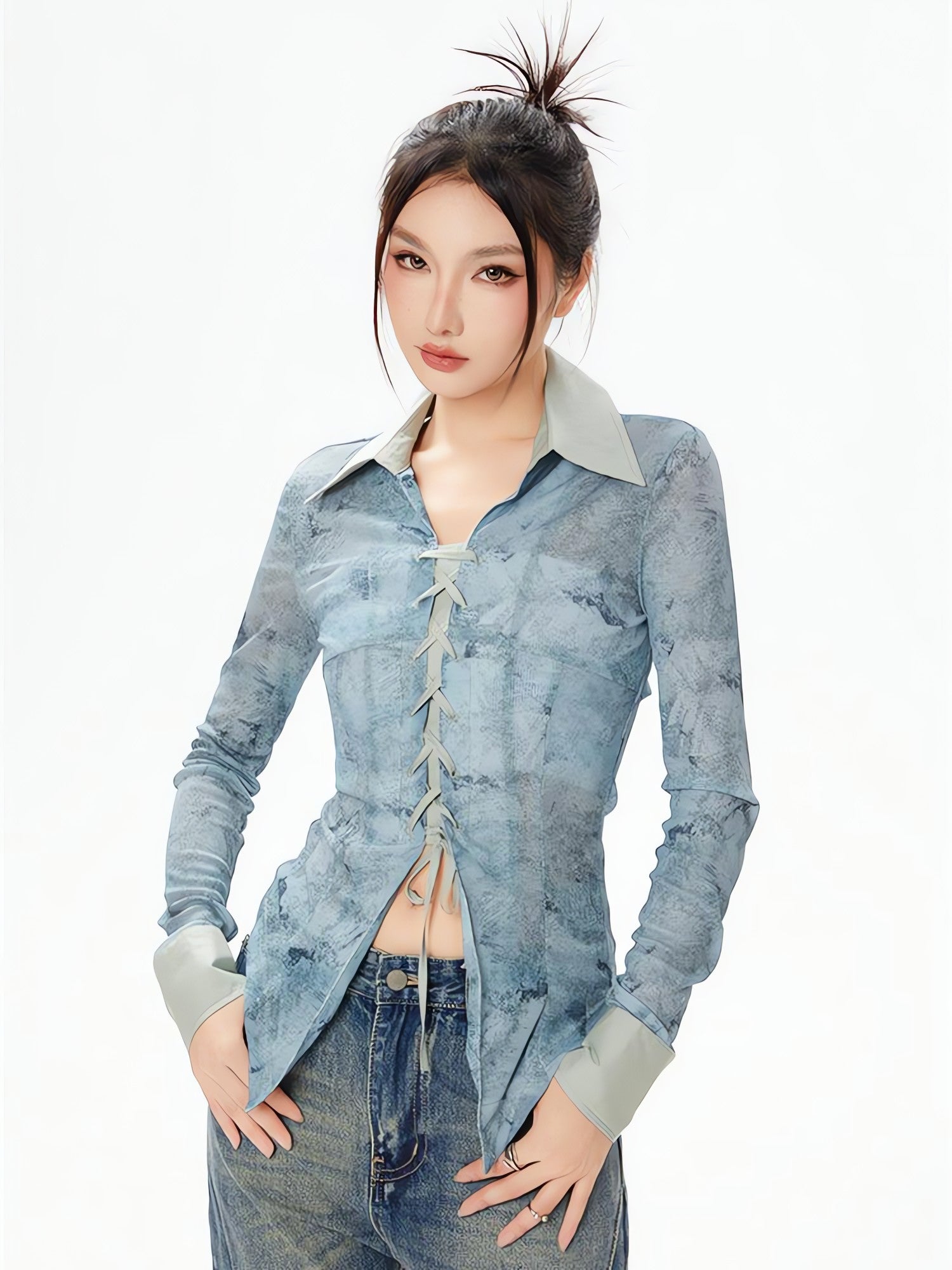 Y2K Lace Up Sheer Shirt - KAYSMAR