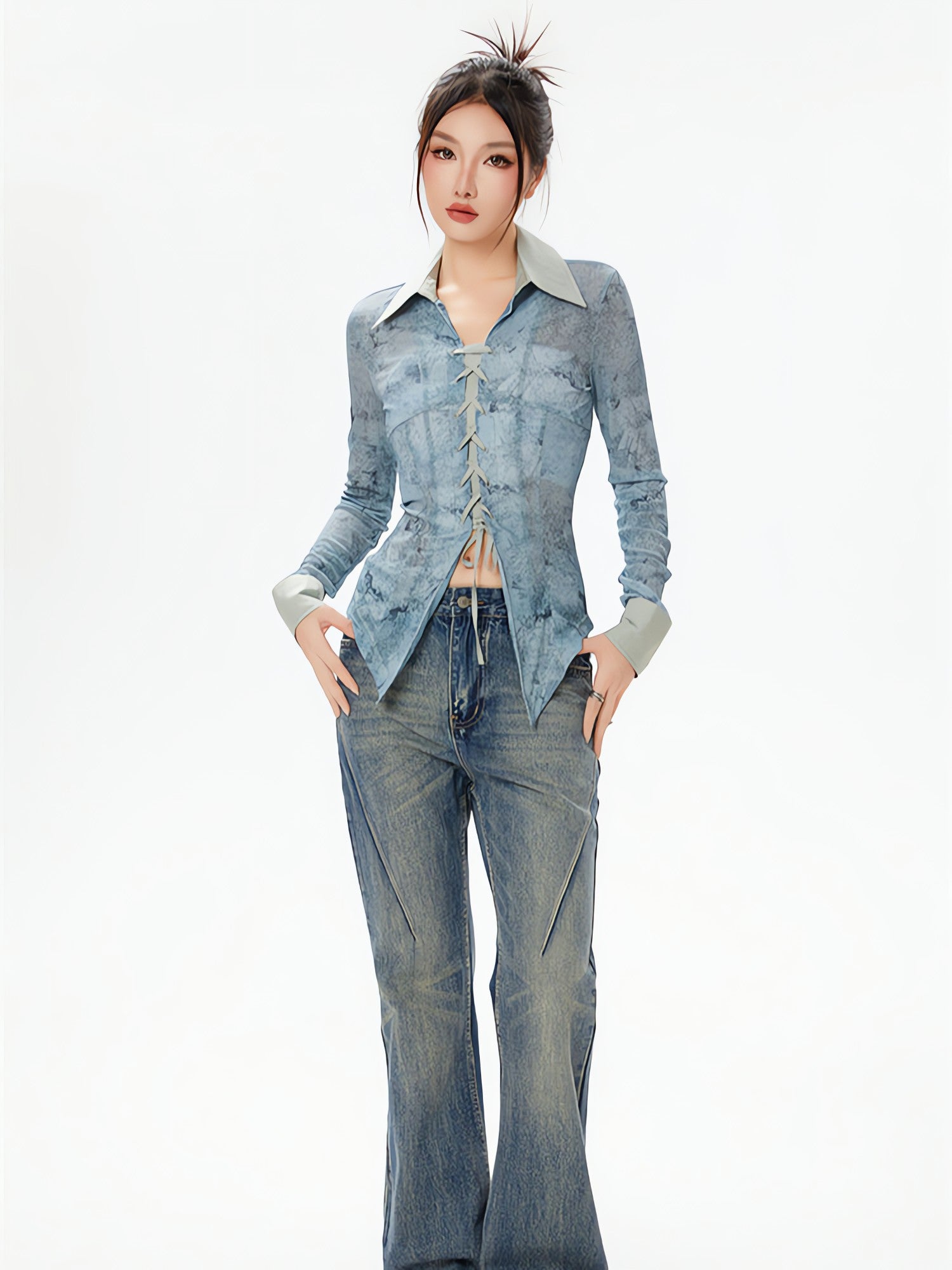 Y2K Lace Up Sheer Shirt - KAYSMAR