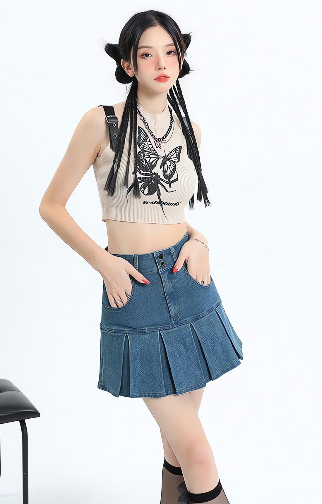 Y2K Pleated Jean Mini Skort - KAYSMAR