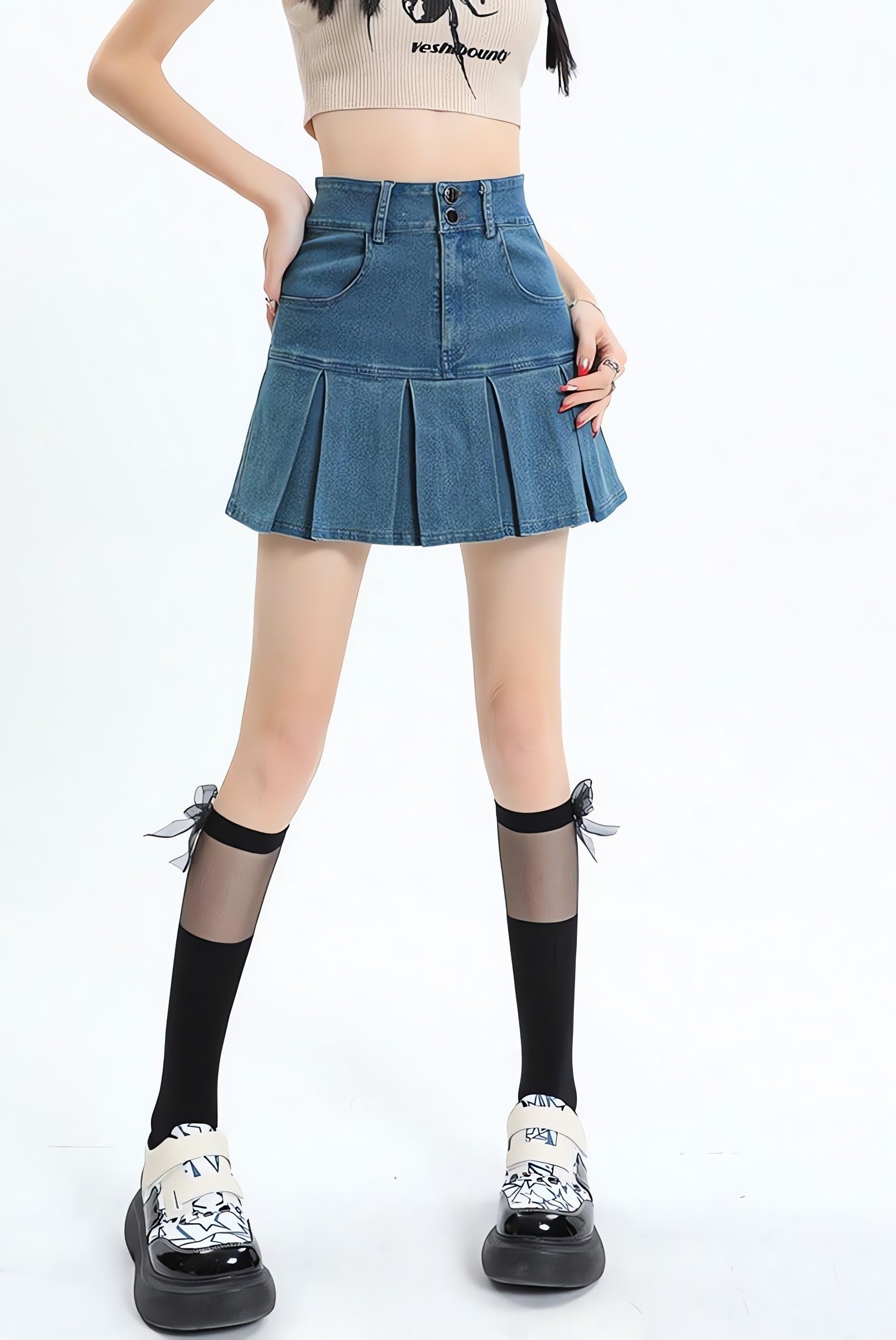Y2K Pleated Jean Mini Skort - KAYSMAR