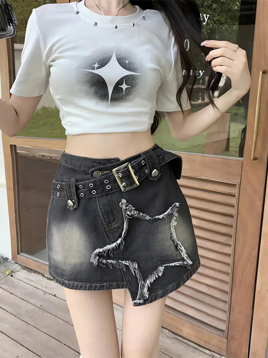 Y2K Star Asymmetric Denim Mini Skirt - KAYSMAR