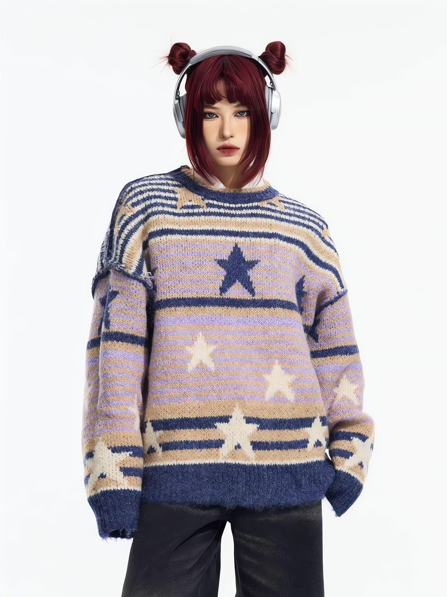 Y2K Vintage Stars Striped Knitted Sweater - KAYSMAR