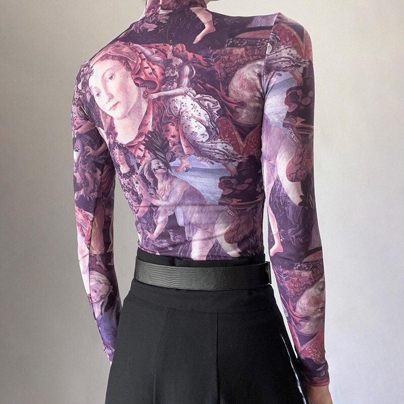 Y2K Angel Graphic Mesh Top - KAYSMAR