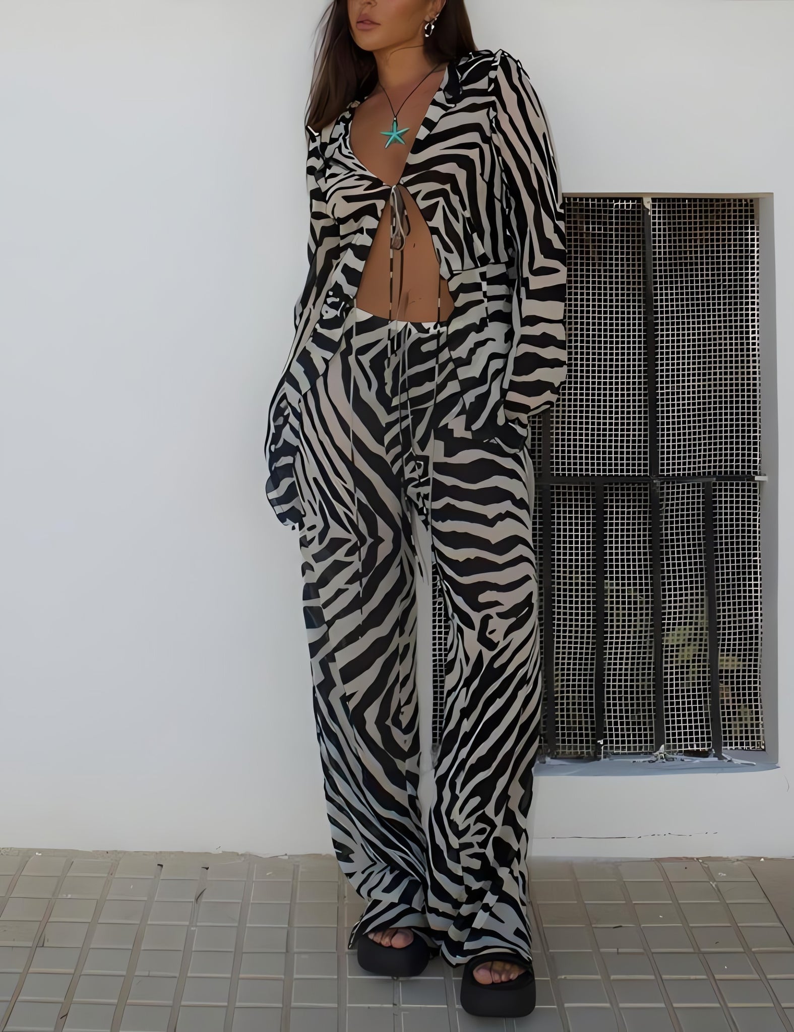 Zebra Tie Up Blouse & Pants Two Piece Set - KAYSMAR