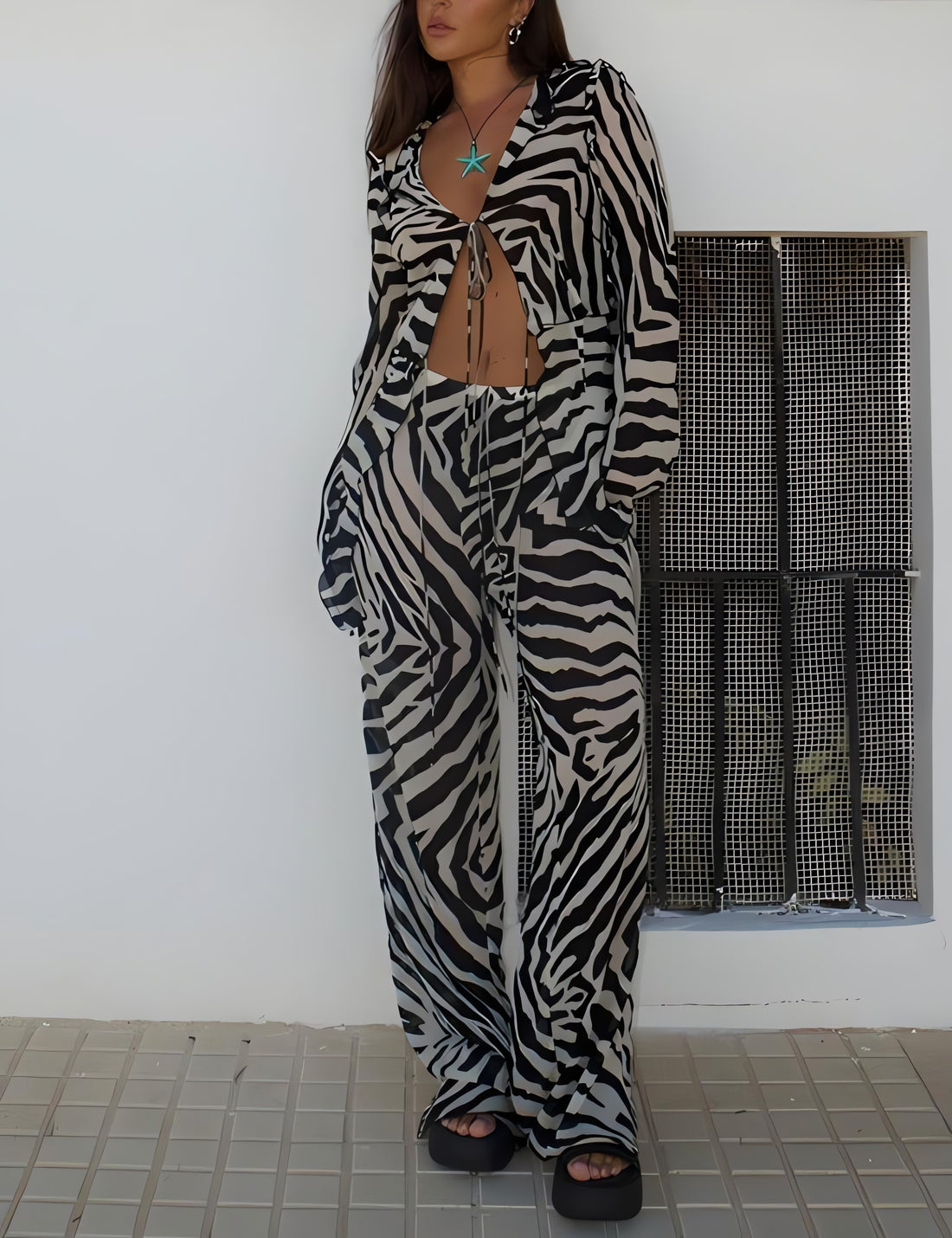 Zebra Tie Up Blouse & Pants Two Piece Set - KAYSMAR
