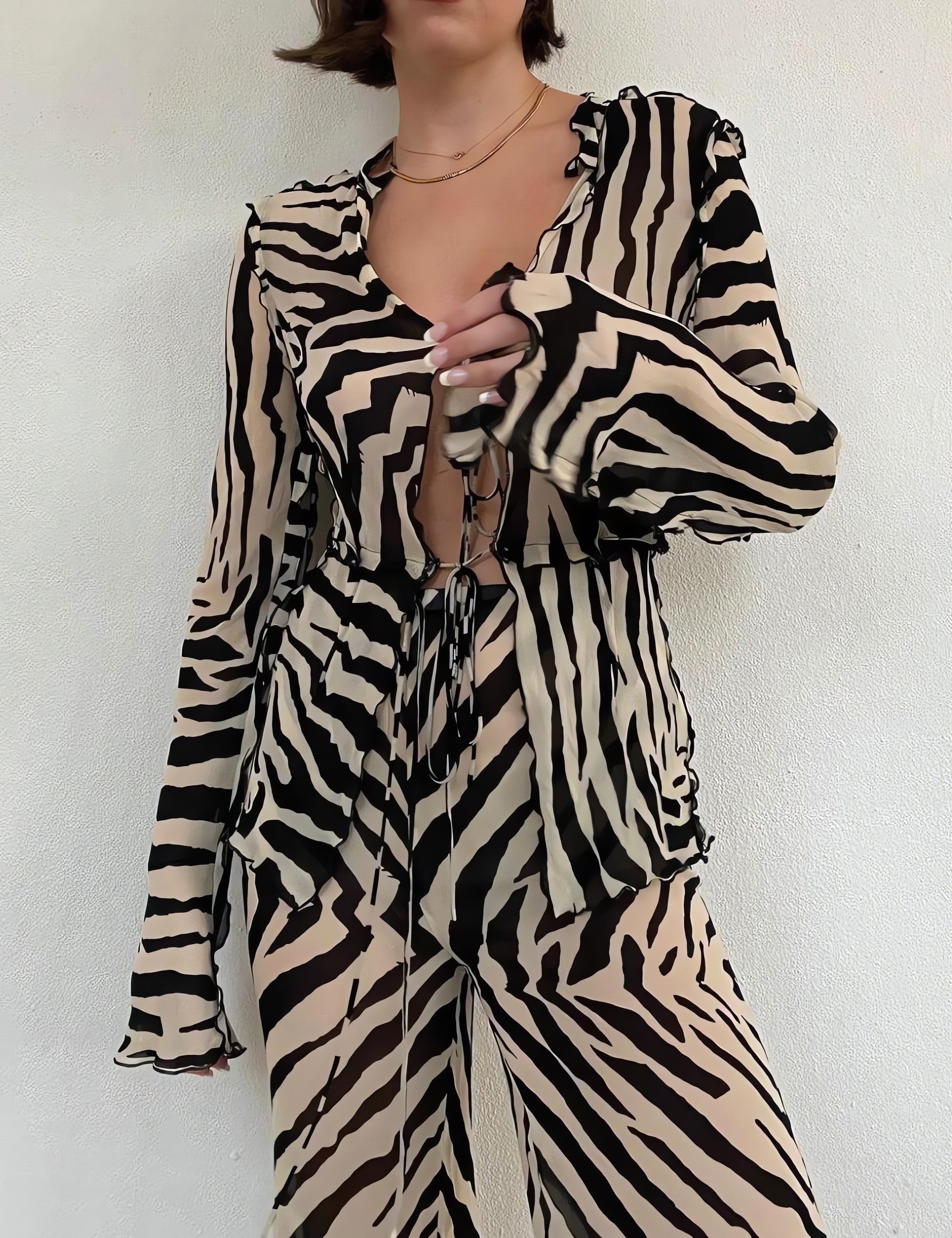 Zebra Tie Up Blouse & Pants Two Piece Set - KAYSMAR