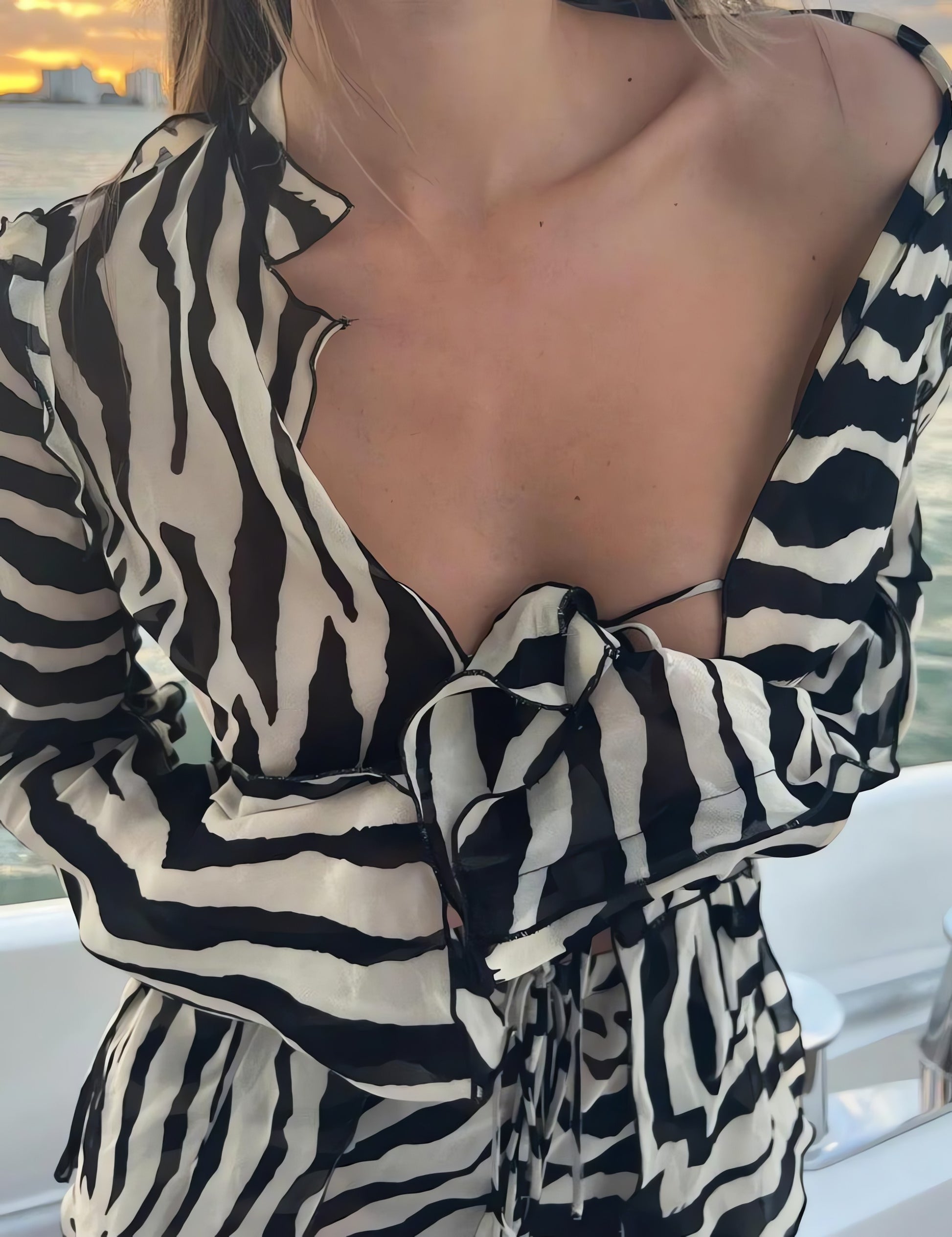 Zebra Tie Up Blouse & Pants Two Piece Set - KAYSMAR