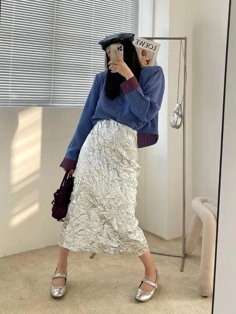 Wrinkled Silver Midi Skirt - KAYSMAR